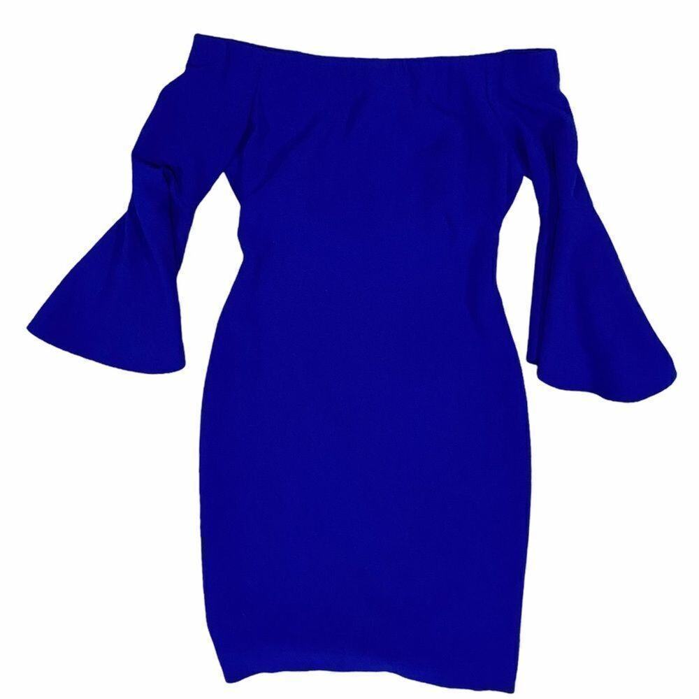 Chelsea28 Blue Off Shoulder Bell Sleeve Dress‎